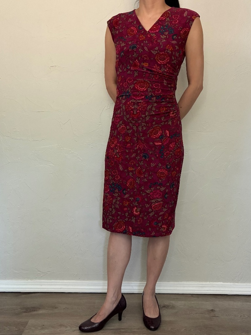 LAUREN Ralph Lauren Burgundy Floral Print Ruched Faux Wrap Top Dress XS Petite